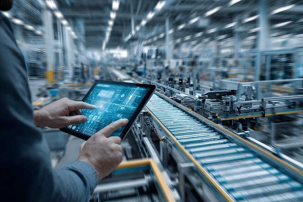 A person uses a digital tablet to control or monitor an automated conveyor belt system in a modern, industrial manufacturing facility with blurred machinery in the background.