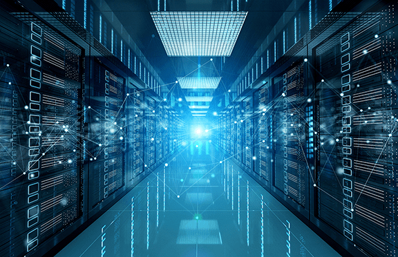 A brightly lit data center hallway lined with server racks on both sides, featuring digital network lines and glowing connections, symbolizing advanced technology and data processing.