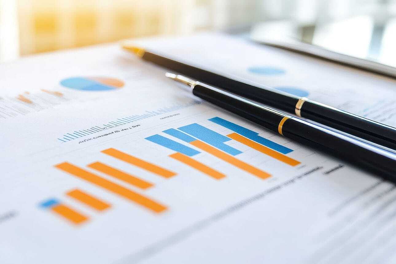Two black pens rest on printed sheets displaying colorful bar and pie charts in blue and orange, representing financial or business data analysis, with a blurred background.
