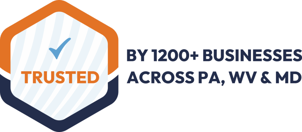 Hexagon badge with a checkmark and the word "TRUSTED" on the left; text on the right reads "BY 1200+ BUSINESSES ACROSS PA, WV & MD" in bold blue letters.