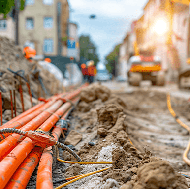Bright orange utility pipes exposed in a trench along a city street under construction, with workers and construction vehicles blurred in the background.