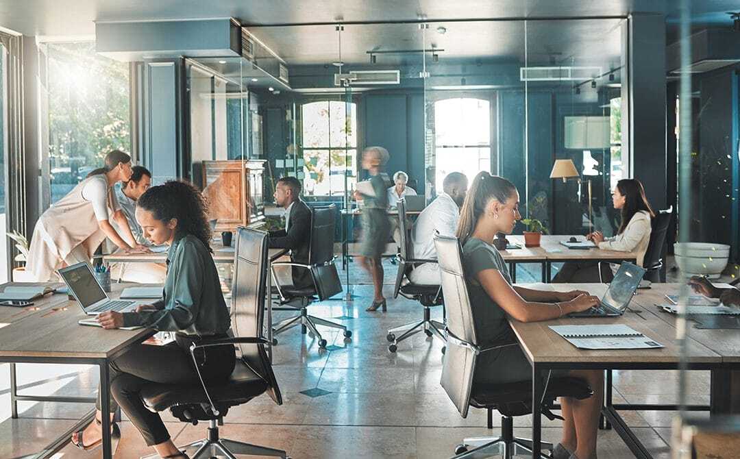 Modern open-plan office with people working at desks on computers. Some are collaborating, while others focus on individual tasks. Sunlight streams through large windows, creating a bright and productive atmosphere.
